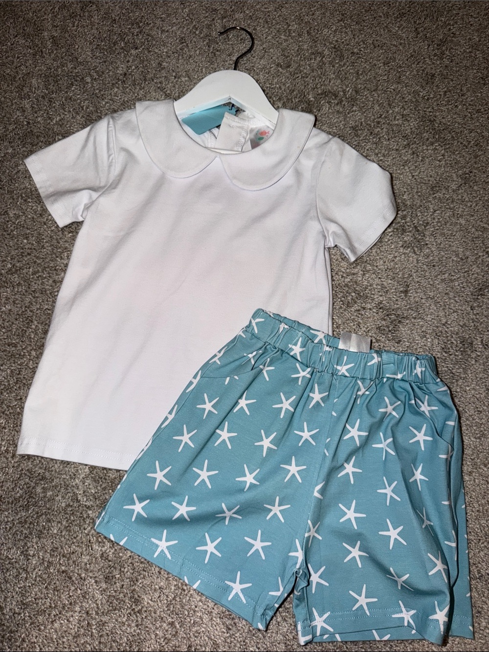 White Peter Pan Collar Top with Aqua Starfish Shorts - Kids Boutique Set
